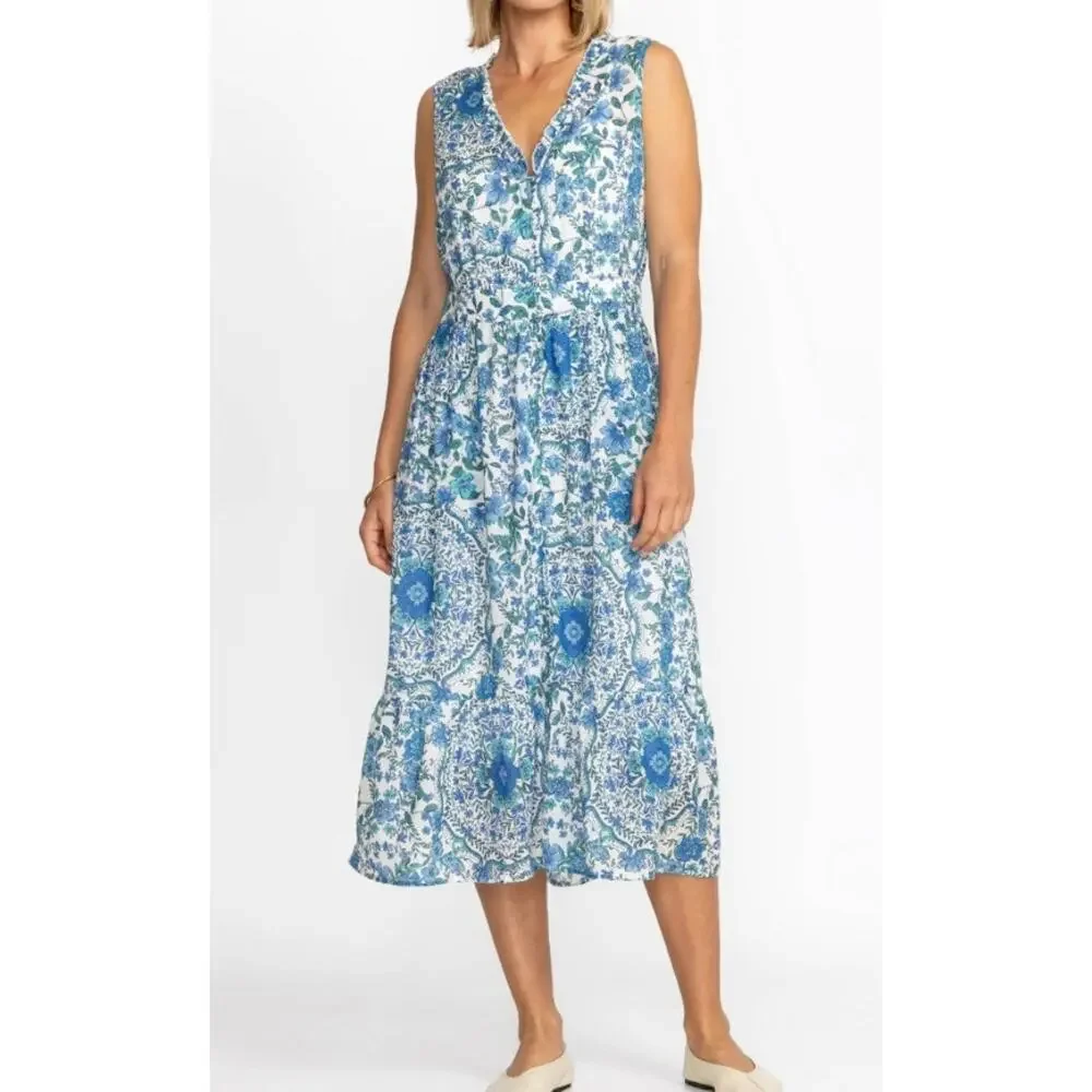 Johnny Was Willow Blue Floral Tank Midi Dress Size S Tiered Ruffle Pockets - Picture 8 of 8